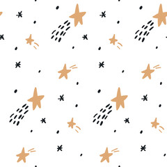 Naive abstract pattern falling stars. Baby Shower Scandinavian pastel wallpaper. Textile fabric design for kids. Flat bohemian vector neutral background paper