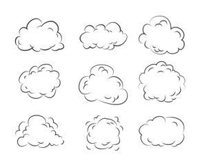 Cartoon clouds of smoke or vape, outline vector illustration isolated on white background.