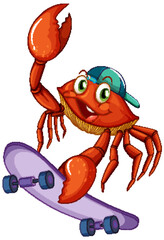 Cute crab cartoon character skateboarding
