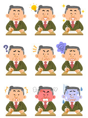 書類に記入するスーツ姿の中年男性の9種類の表情
