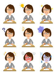 書類に記入する眼鏡を掛けた女性社員の上半身　9種類の表情とポーズ
