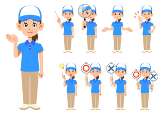 半袖のポロシャツ姿で帽子をかぶった女性スタッフ　9種類の表情とポーズ2
