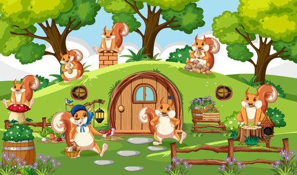 Squirrel family with hobbit house