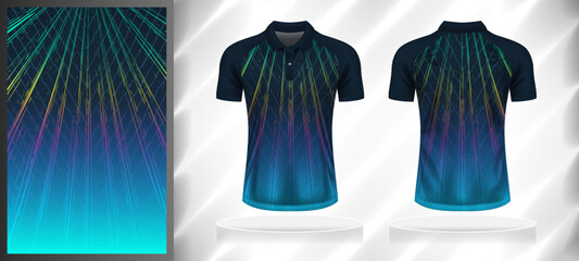 Vector sport pattern design template for Polo T-shirt front and back view mockup. Dark and light shades of blue with green-yellow-pink color gradient abstract texture background illustration.