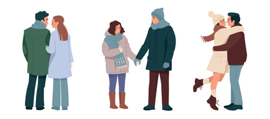 Fototapeta premium Hugging couples in winter clothes. A man and a woman in love, a happy family on a walk. Winter romance. Flat. Set of vector illustrations.