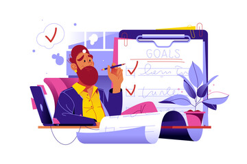 Man making goals or checklist, making notes in checkbox