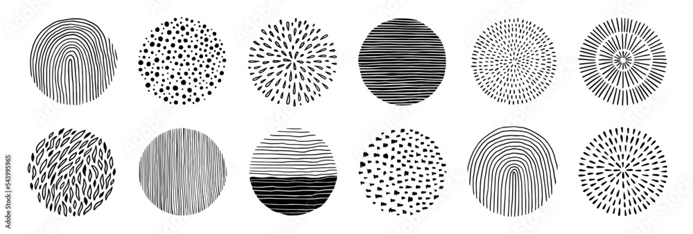 Poster scribble texture pattern circle set. hand drawn line texture, doodle decorative spiral, scribble gra