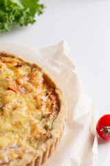 Dinner with fresh homemade pie with salmon fish and broccoli, quiche