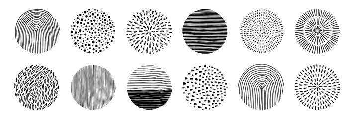 Scribble texture pattern circle set. Hand drawn line texture, doodle decorative spiral, scribble graphic round element. Circle pen drawn brush grunge texture. Vector illustration