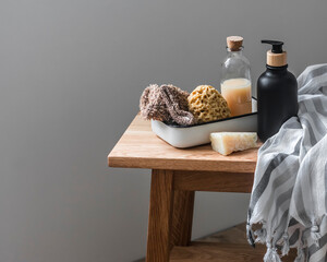 Body care accessories in the bathroom in scandinavian style