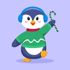 Penguin Wearing Earmuff in Winter Season Cartoon Vector Illustration - obrazy, fototapety, plakaty
