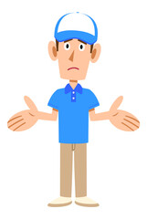 半袖のポロシャツ姿で帽子をかぶった男性スタッフの諦めの仕草
