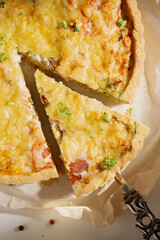 Freshly baked quiche with salmon and broccoli