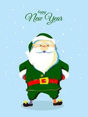 Christmas card with a cartoon funny Santa Claus in a green suit on a blue background. The inscription 