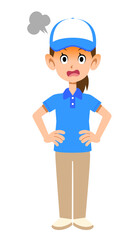 半袖のポロシャツ姿で帽子をかぶった女性スタッフの怒りの表情
