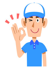 半袖のポロシャツ姿で帽子をかぶった男性スタッフのOKサイン　上半身
