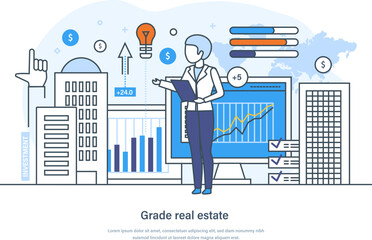 Grade real estate business valuation appraisal service concept. Inspector doing property appraisal. Real estate valuation, business investing, property search, sales thin line design