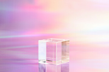transparent podium for product display on holographic, neon background. pedestal, stage for...