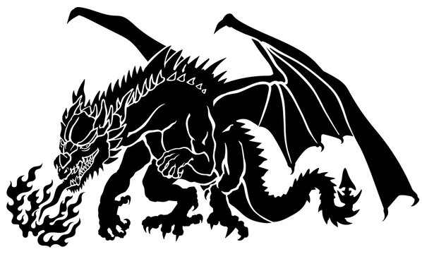 Western Dragon. Silhouette. Classic European mythological creature with bat-type wings standing on the rock and breathing fire. Graphic style isolated vector illustration. Black and white
