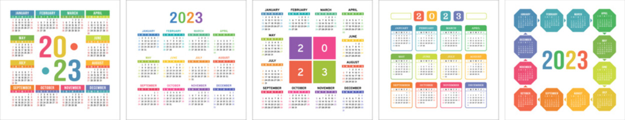 Calendar 2023 set. Multi color english square calender template collection