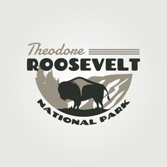 theodore roosevelt vintage logo with silhouette of bison illustration design - obrazy, fototapety, plakaty