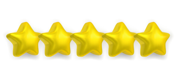 five realistic shiny lucky stars isolated on white background. 3D rendering. Achievements for games. Customer rating feedback concept. Smooth yellow stars. 