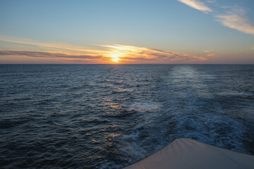 Panoramic scenic sunset sunrise twilight blue hour scenery seascape during Mediterranean cruise on luxury cruiseship cruise ship liner yacht