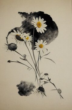 Daisy Flowers In The Moonlight Vintage, Blackprint Drawing, Unique, Art, Moon