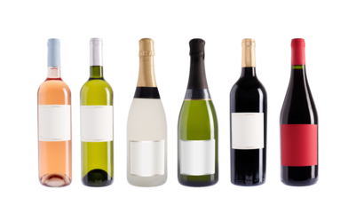 Champagne and wine bottles, isolated on transparent background. Rose, white, red wine. Wine collection. Origin France. With and without label. Precision cut and impeccable finish.
