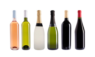 Champagne and wine bottles, isolated on transparent background. Rose, white, red wine. Wine...