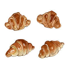 A collection of four baked croissants. Different angles. Isolated on a white background. Hand drawn watercolor vector illustration