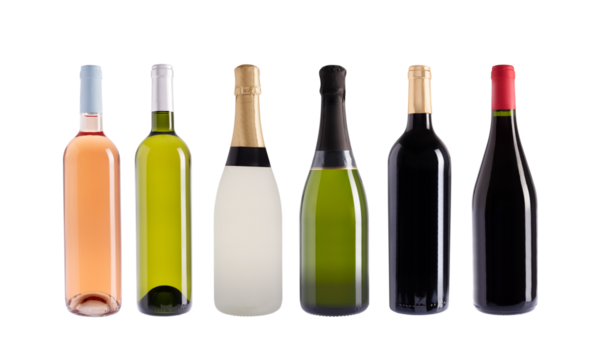 Champagne and wine bottles, isolated on transparent background. Rose, white, red wine. Wine collection. Origin France. With and without label. Precision cut and impeccable finish.