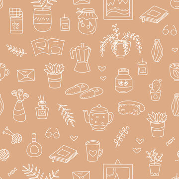 Cute seamless pattern of hand drawn doodles about home comfort, quarantine, working from home.