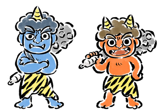 金棒（こん棒）を持った赤鬼と青鬼　筆タッチイラスト