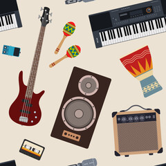 Vector music seamless pattern. Rock music theme. Pattern with synthesizer, electric bass guitar, speaker, amplifier, cassette, microphone, pedal, djembe drum, maracas. Color background.