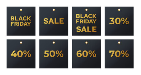 Naklejka premium Black friday sales labels. Discount tags golden letters on a dark background collection. Vector set realistic stickers template with great deals