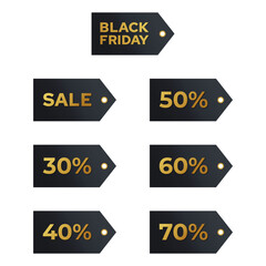 Black friday sales labels. Discount tags golden letters on a dark background collection. Vector set realistic stickers template with great deals