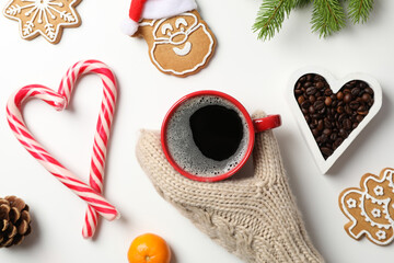 Concept of Christmas and Happy New Year, Christmas coffee, top view