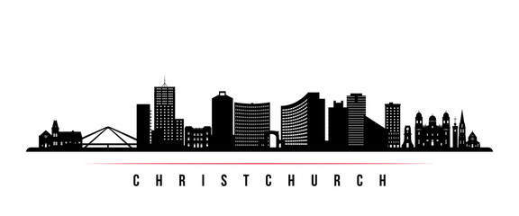 Christchurch skyline horizontal banner. Black and white silhouette of Christchurch, New Zealand. Vector template for your design.