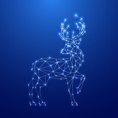 Geometric Deer silhouette. Image of Reindeer in the form of constellation on blue background. Deer clattering hoof. Vector illustration. © greens87