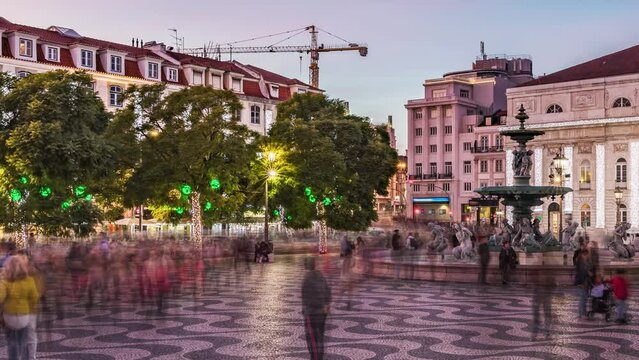 Rossio Square by Night, Lisbon - vertical video time lapse