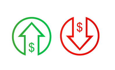Dollar sign with green arrow up and red down, price or income vector icon isolated on white background. Vector illustration