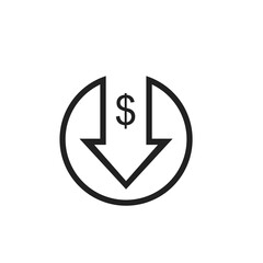 Dollar sign and down arrow, price or income isolated on white background. Vector illustration