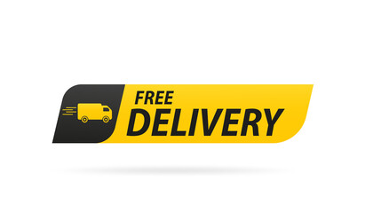 Free delivery. Badge with truck a white background. Vector illustration - obrazy, fototapety, plakaty