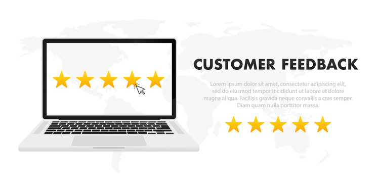 Online reviews concept on laptop with stars symbol. Filling out the survey from a laptop.customer feedback. Vector illustration
