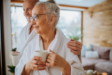 Senior couple in bathrobes enjoying time together in their living room, drinking hot tea, calm and hygge atmosphere.