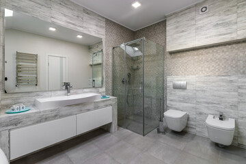 Bathroom with a shower cabin, a large mirror and a chrome heater or a radiator of a towel against a...