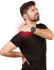 PNG of man having shoulder pain. Man having shoulder pain wearing a black shirt on a transparent background. Man holding hand to shoulder aches, with a red spot indicating.