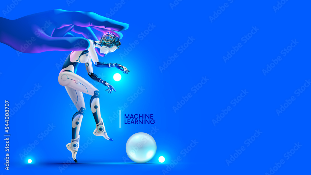 Fototapete Machine learning conceptual illustration. Developer trains artificial intelligence. Digital technology art. Robot with AI in hand programmer. Neural network in image cyborg woman training on datum.