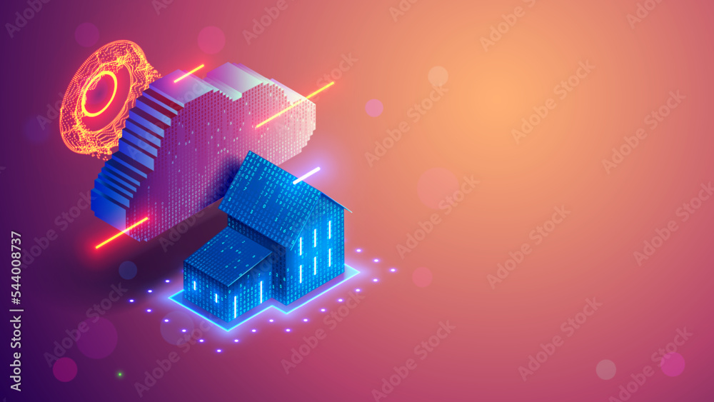 Aufkleber Smart home technology system concept banner. Home consists digits and connected with domestic smart devices through cloud storage. Digital control system of smart house. IOT and Cloud computing tech.